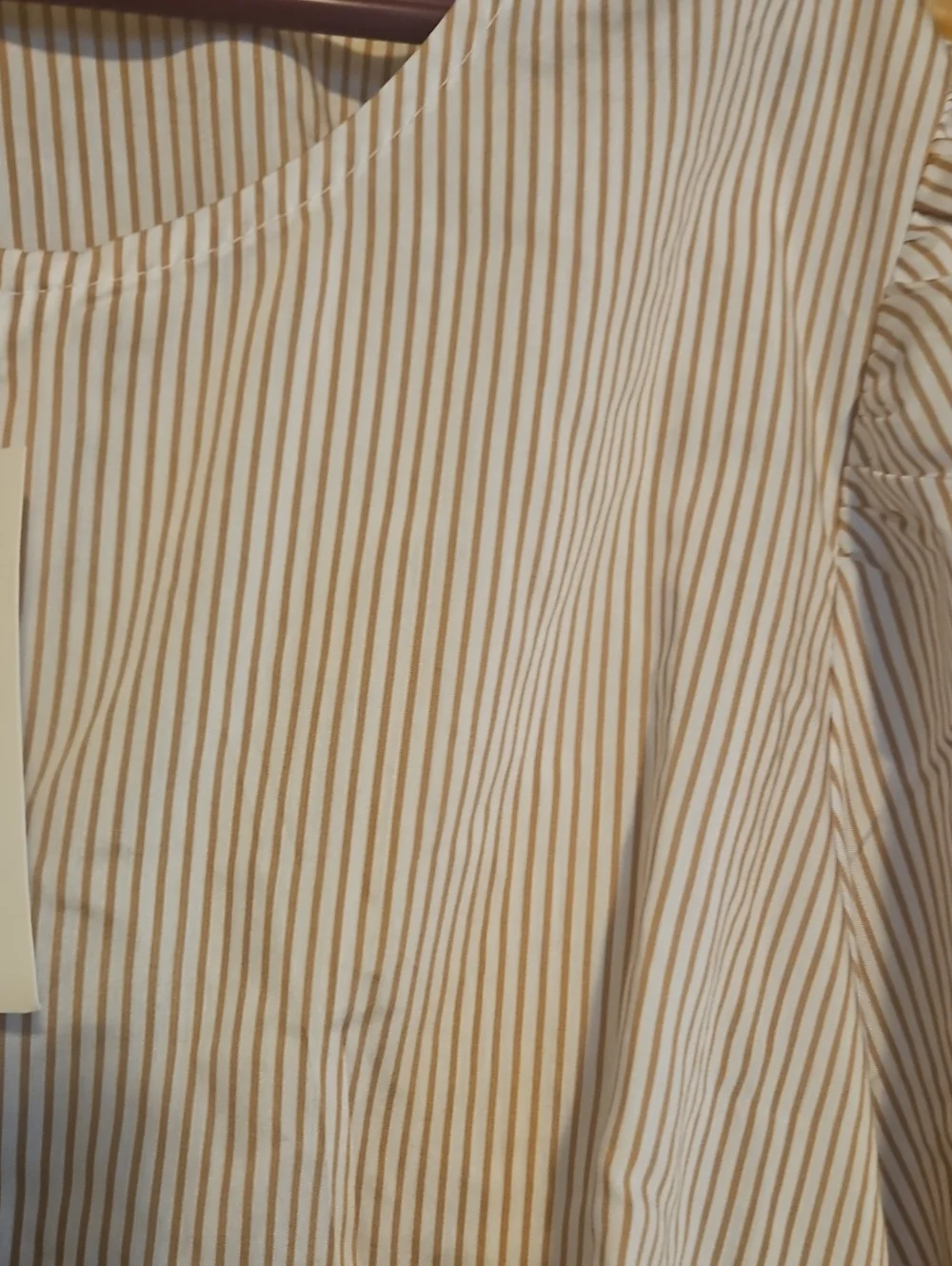 a new day Striped Tie-Front Peplum Blouse - White & Tan 3/4 Sleeve